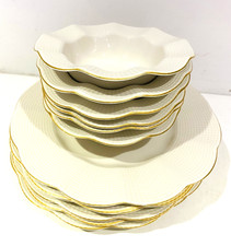 12 X Kütahya Cream & Gold Porcelain Dinner Plates Bowls Ribbed Christmas BJ83