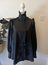Francesca Couture Designer Black Shirt Blouse Size 14 Ruffles High Neck BNWOT 