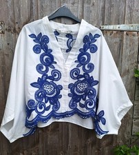 NWOT ZARA Royal Blue Embroidered Kimono Batwing Light Cream Blouse Co-Ord M RARE