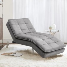 Single Adjustable Grey Velvet Recliner Sleeper Chaise Lounge Sofa Bed Chair