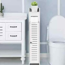 Wooden White Free Standing Toilet Paper Roll Holder Bathroom Storage Cabinet UK
