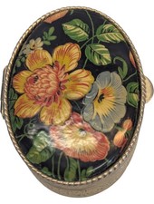 Handcrafted Floral Metal Trinket / Pill Box Decorative Oval Design Collectable