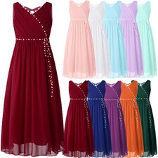 UK Kids Girls Elegant Dresses Chiffon Wedding Bridesmaid Ruched Prom Party Gown