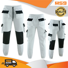 MS9 Mens Fleece Painters Decorators Combat Cargo Work Trousers Joggers White