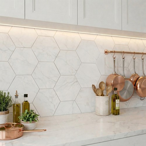 White marble hexagon porcelain - white,
