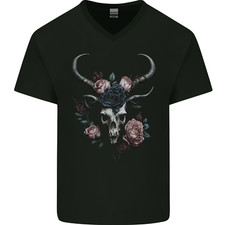 A Gothic Goat Skull With Flowers Roses Goth Mens V-Neck Cotton T-Shirt