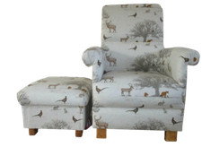 Fryetts Woodland Tatton Fabric Chair & Footstool Fox Deer Animals Beige Nursery