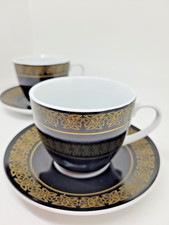 Elgate Celtic Knot Cup & Saucer Set x2  Bone China Black Gold Duo Pair Rare Find