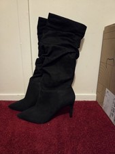 Dune Salina black suede point ruched boots