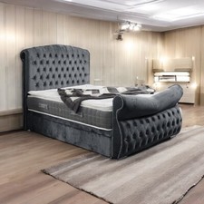 Luxury Sleigh Bed Plush Velvet Gas Lift Majestic Chesterfield Double & King Size