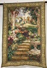 Vintage French Motion Cottage Garden Scene Wall Hanging Tapestry 196x135 cm