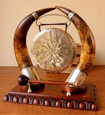 Antique English Oak, Bovine Horn & Silver Plate Dinner Gong. Victorian Taxidermy