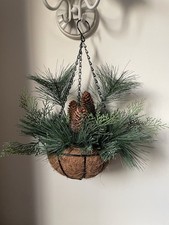4 x Artificial Garden Hanging Basket Green Pine, Fir Branches Pine Cone Detail