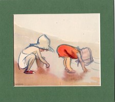 ~ Children Playing at the Seaside ~  J H Dowd Colour Print Genuine Vintage 1937