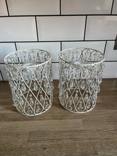 Pair 2 Stunning Metal Cream Crystal Drop Beaded Ceiling Lampshades Cylinder Drum