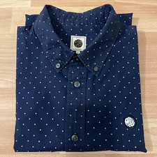 Pretty Green Men's Navy Blue Polka Dot Shirt Long Sleeve, Size L , Cotton BNWOT