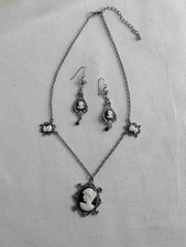 Vintage Cameo Necklace and Earrings Set, 1990s Silver Tone Victorian Revival