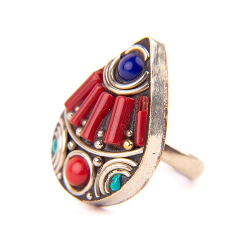 Tibetan ring red coral - red,