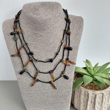 Vintage Multi Strand Necklace Black Glass Brown Acrylic Beads Boho Bohemian 