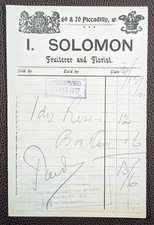 1907 I. Solomon Fruiterer and Florist Piccadilly London W. Invoice