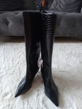 Primark New Black Patent Faux Croc Pointed Toe Knee High Mid High Heel Boots 4