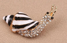 Black/ White Enamel Clear Crystal Snail Brooch Gold Tone