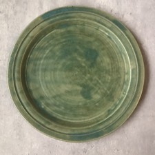 Vintage Signed Studio Pottery Green Blue Mottled Plate Planter Base 26.5cm 
