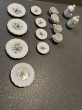 Dolls House Tea Party Mug Jug Plates Set Hickleton interiors Floral china purple