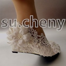 su.cheny 2” wedge heel white light ivory pearl lace WeddingShoes bride size 5-12