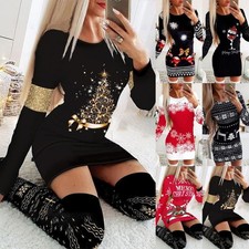 Women Christmas Bodycon Shirt Dress XMAS PRINT Party Mini Dresses PLUS SIZE 6-20