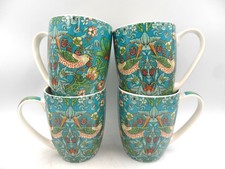 Set of 4 Mugs in William Morris Teal Strawberry Thief Aspen