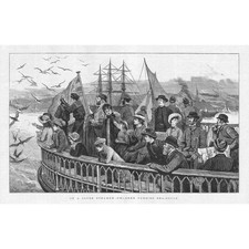 Scene on a Clyde Steamer Children Feeding Sea Gulls - Antique Print 1884