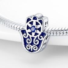 Hamsa Hand Palm Fatima Blue Crystal Evil Eye Charm  Sterling Silver 925
