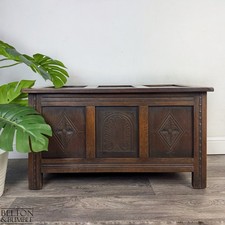 Vintage Oak Carved Panel Blanket Box, Storage Chest Coffer