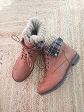 UK 4, Eur 37, Brown​ Lace Up Military Ankle Boots, Sock Check Pattern Detail