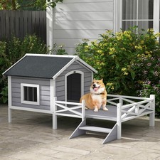 Wooden Dog House w/ Porch, Water-resistant Roof, for S M Dogs, Grey