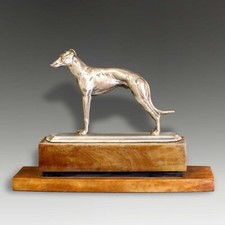 ART DECO - SILVER PLATED BRONZE LGE GREYHOUND on EBONY & THUYA WOOD BASE- 31cm L