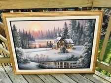 Original RAAS Framed Winter Sunset House Wintery Scene Lake Beautiful 43x32