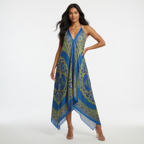 Blue peacock print halter - blue,
