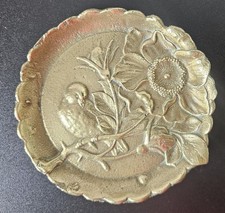 Vintage Art Nouveau Brass Scalloped Round Trinket Dish Impressed Bird Floral...