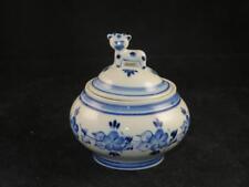 TRADITIONAL RUSSIAN GZHEL POTTERY Sugar Bowl with Cat Cobalt Blue & White