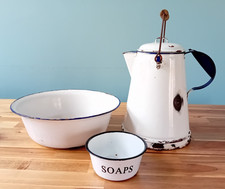 Fabulous Vintage Enamel Kitchenalia Wash Bowl Water Jug with Lid & Soaps Bowl