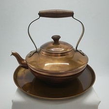 Vintage Argy Tin Lined Lidded Copper Tea Pot and Round Serving Tray