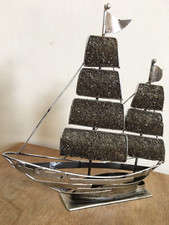 Vintage Artwork Sculpture  Metal Tin Brushed Black Galleon Sailing Ship 26 cm
