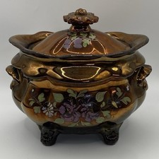 Vintage Copper Lustreware Pot with Lid Hand Painted Floral Design 11cm Tall