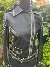 Zara Black Faux Leather & Stud Detail Hooded Biker Style Jacket Size Small/8
