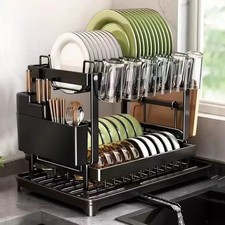 Premium 2-Tier Rustproof Dish Drying Rack with Drainboard & Utensil Holder | Hea