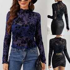 UK Womens Mesh Floral Top Tee Shirts Long Sleeve See Through Party Blouse Tunic