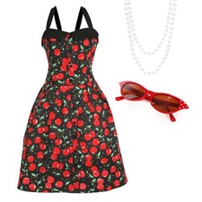 LADIES ROCK AND ROLL CHERRY DRESS FANCY DRESS COSTUME + ACCESSORIES 1950'S STYLE
