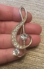 Nice Clear Rhinestone Gold Tone Large Treble Clef Brooch.